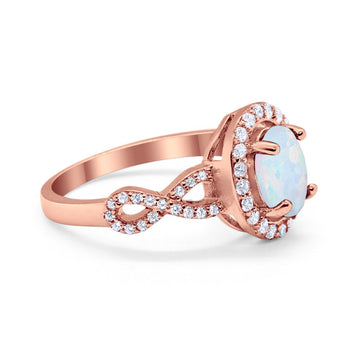 Art Deco Halo Wedding Ring Oval Rose Tone, Lab White Opal 925 Sterling Silver
